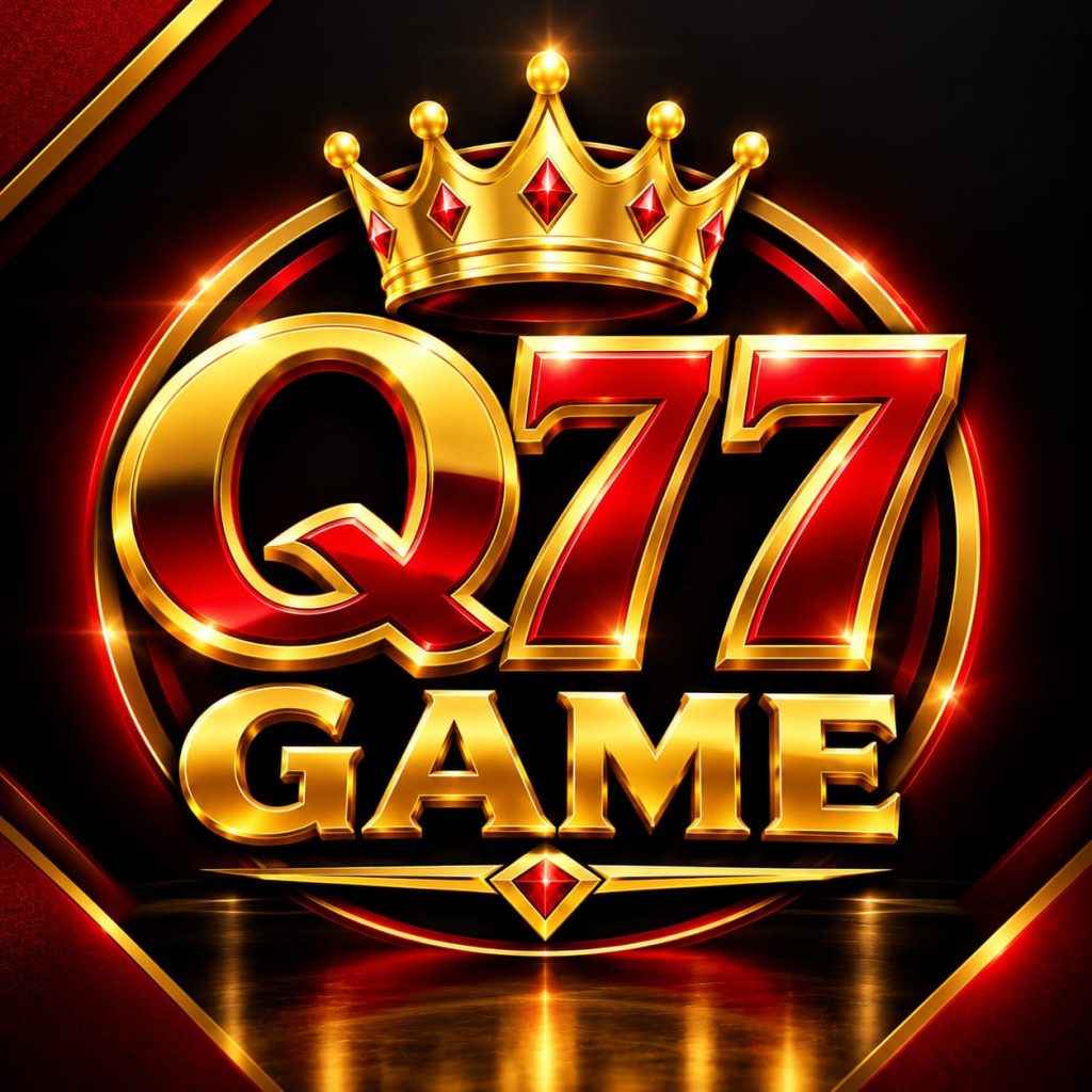 Q77 Game logo featuring a golden crown, red and gold 3D text, and a premium black background.